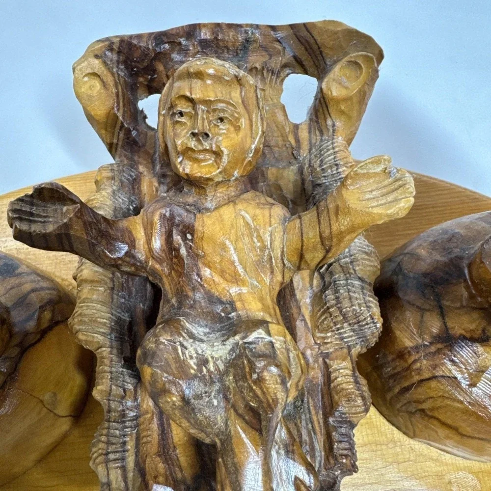 Hand Carved Olive Wood Nativity Scene Holy Family Manger Set on Wooden Base
